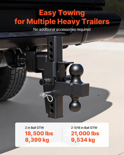 VEVOR Adjustable Trailer Hitch, Fit 2.5 Inch Receiver, Trailer Hitch Mount with 2 Inch & 2-5/16 Inch Balls, 21000 lbs GTW, 9 Inch Drop, Towing Ball Mounts for RVs, Off-Road Vehicles and Trucks, Black