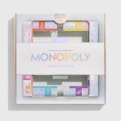 WS Game Company Monopoly Aura Edition Iridescent Tempered Glass Board Crystal-Clear Acrylic Houses Metallic Tokens Foil Cards &amp Tray Family Board Games for 2-6 Players Ages 8+