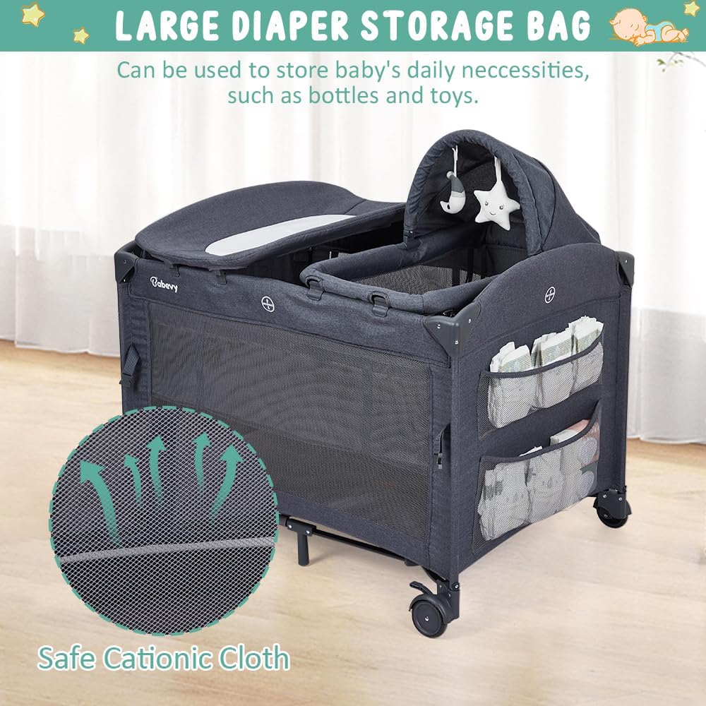 5 in 1 Pack and Play Bedside Sleeper with Bassinet, Diaper Changer & Hanging Toy, Portable Crib Nursery Center for Newborns to Toddlers, Grey