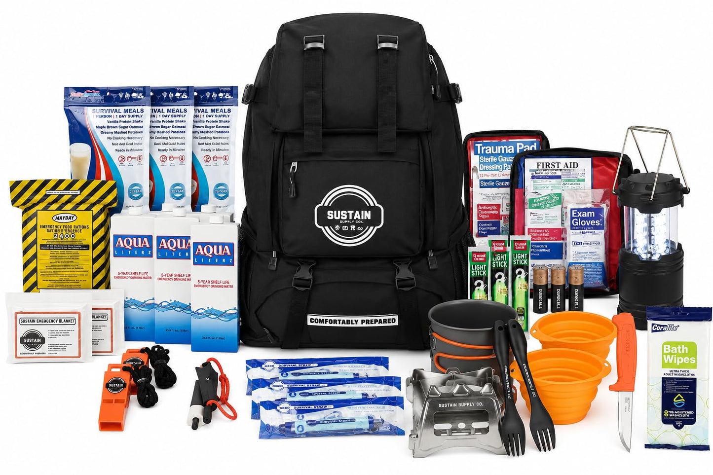 Sustain Supply 70491 2-Person 72-Hour Emergency Survival Kit Backpack Complete Disaster Preparedness Pack w/Food, Water, First Aid Kit, Tools & Shelter Gear for Earthquake, Hurricane & Evacuation