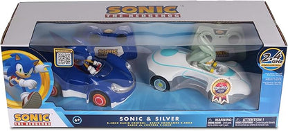 NKOK 1/28 Scale 2.4GHz RC Sonic 2PK RC Sonic &amp Silver Officially Licensed Full Function Radio Control Detailed 6.5” Vehicle and Character Grippy Tires Adjustable Front Wheels