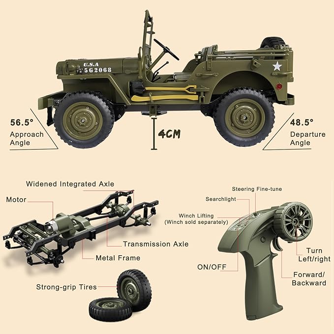 Skymaker RC Trail Truck 4x4 Remote Control Rock Crawler Off Road RC Jeep with Machine Gun &amp Two Batteries RTR All Terrains 2.4GHz Military Car for Adult(Camel)