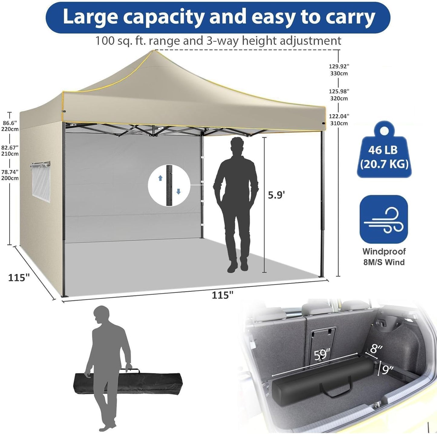 COBIZI 10x10 Heavy Duty Pop up Canopy with 4 Removable Sidewalls, Canopy Tent with Portable Bag, Pop up Tent Commercial Gazebo Waterproof Sunshade for All Weather Party Camp Stall Patio,Khaki