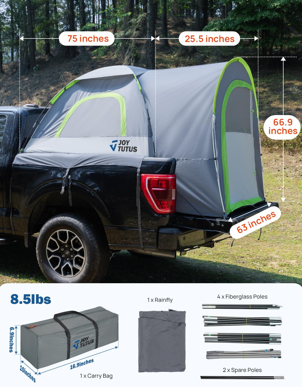 JOYTUTUS Truck Tent with Rainfly 6.5Ft, Straight Spacious Truck Bed Tent with Sky View Mesh, Waterproof PU2000mm Double Layer for 2 Person, Gray Green