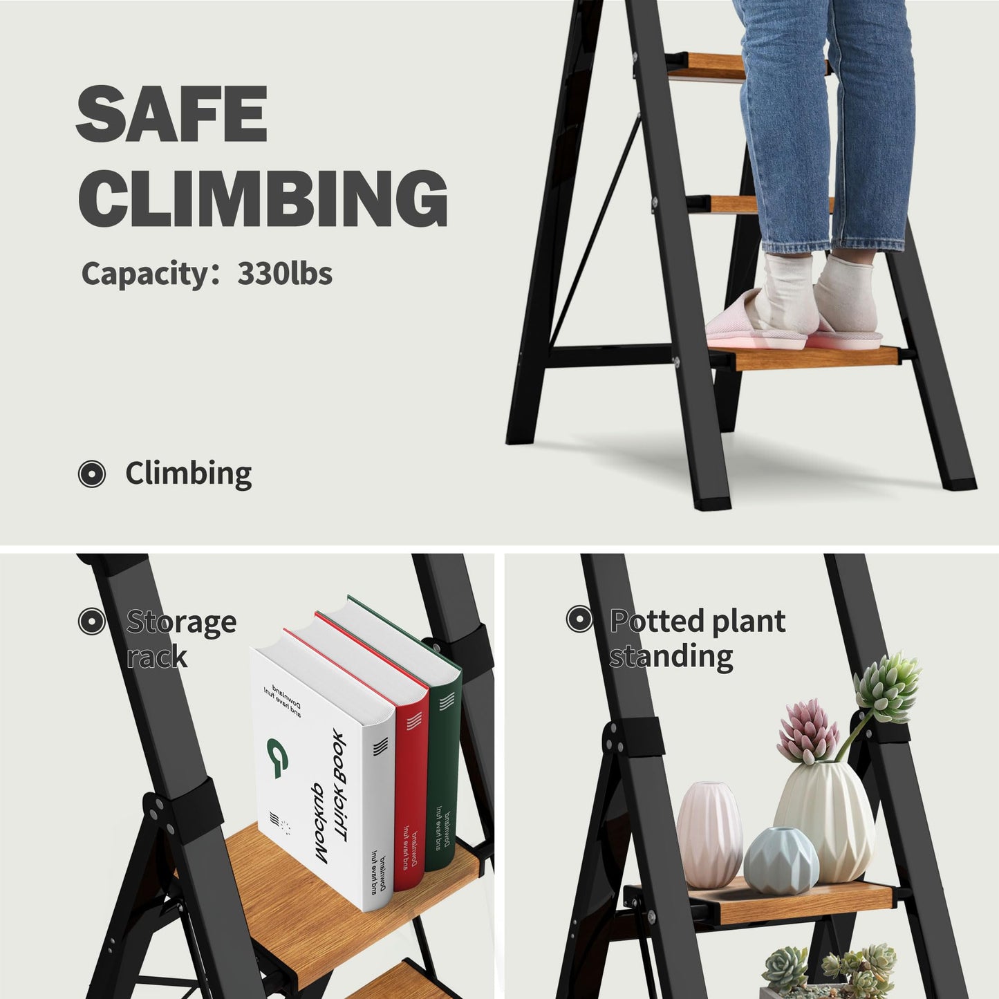 BEFITMACE 4 Step Ladder,Lightweight Folding Step Stool with Aluminum Wide Pedal& Convenient Handgrip,330lbs Capacity Steel Ladder for Household and Office(Black &Woodgrain)
