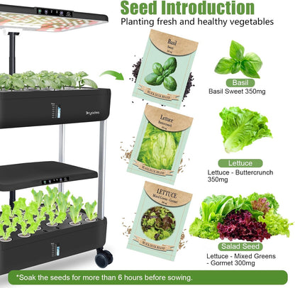 44 Pod Hydroponic Indoor Garden System Black, 2 Tier Growing Kit with LED Grow Light, 10L Tank, Includes Seed Starter Kit