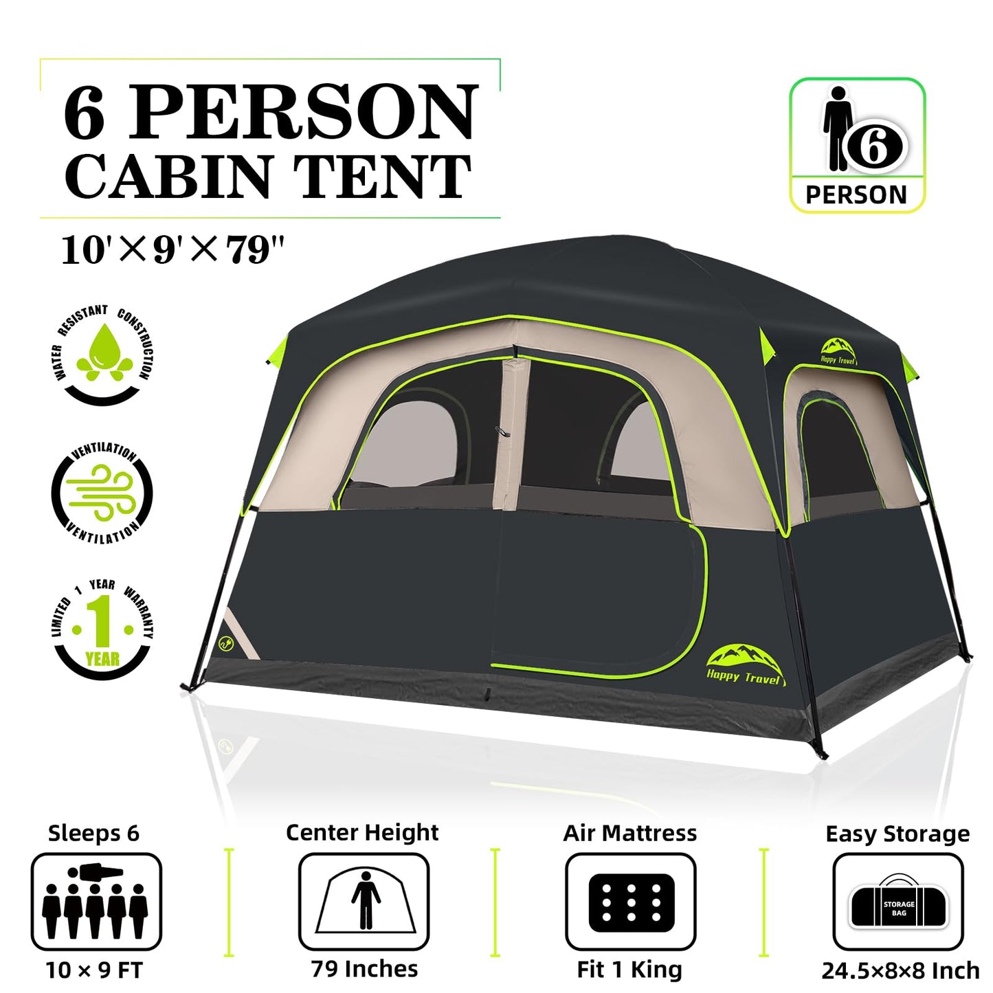 Happy Travel Tent 6 Person Blackout Camping Tent, Portable Easy Setup Cabin Tents with Dark Space Design, Light Blocking Tent with Top Rainfly for Outdoor Camping, Water-Resistant,10'L x 9'W x 79" H
