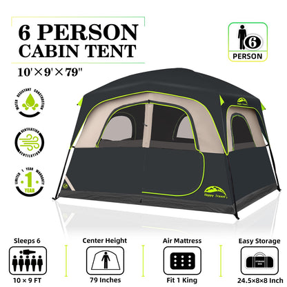 Happy Travel Tent 6 Person Blackout Camping Tent, Portable Easy Setup Cabin Tents with Dark Space Design, Light Blocking Tent with Top Rainfly for Outdoor Camping, Water-Resistant,10'L x 9'W x 79" H