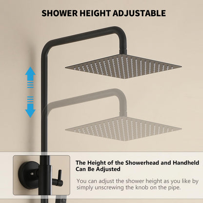 HANJAI Exposed Shower System 10" Matte Black Rainfall Shower Head with 2 Modes Handheld and Tub Faucet Set, Square Shower Head 3 Functions Outdoor Shower Fixtures with Brass Valve, Height Adjustable