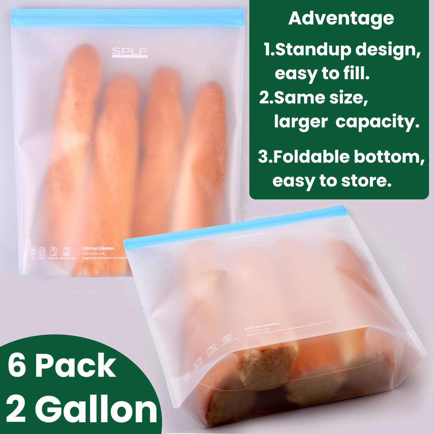SPLF 10 Pack Stand-Up Reusable Food Storage Bags Dishwasher Safe, BPA Free Reusable Freezer Bags, Extra Thick Leakproof for Meal Prep, Sandwich, Bread, Veggies - 3 Gallon 4 Quart 3 Snack