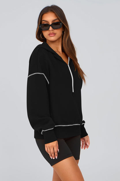 PRETTYGARDEN Women's Hooded Sweatshirts Long Sleeve Half Zip Cropped Hoodie Pullover Winter Fashion Clothes (Black,Large)
