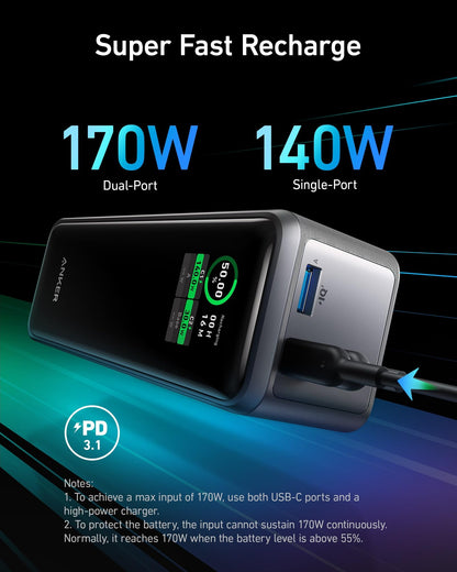 Anker Prime Power Bank, 27,650mAh 3-Port 250W Portable Charger for Travel, TSA-Approved, Smart App, for MacBook Pro/Air, iPhone 16/15/14 Series, Samsung, Laptops, and More (Charging Base Not Included)