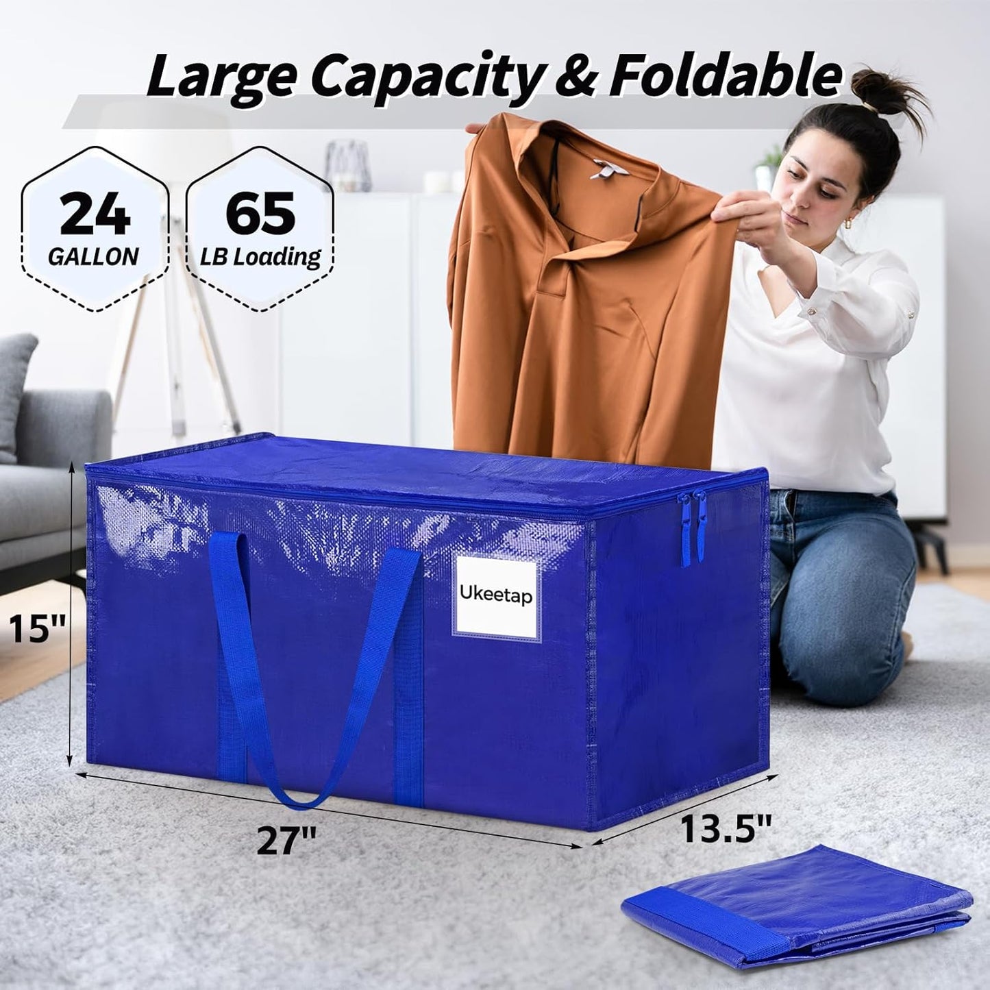 Skiennix Extra Large Heavy-Duty Moving Bags - 8 Pack with Reinforced Handles & Zippers | Blue Storage Totes for Clothes & Dorm Supplies