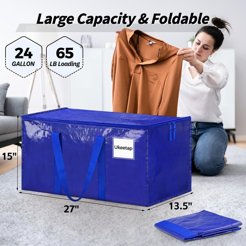 8 Pack Extra Large Heavy Duty Moving Bags, Blue Storage Bins with Lids, Reinforced Handles & Heavy-Duty Zippers Moving Boxes Storage Bags Totes for Clothes Packing, Dorms, College Supplies, Blue