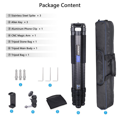 Compact Carbon Fiber Tripod – Heavy Duty 40mm Leg Tubes, Max Height 63.6in/162cm, Stable and Lightweight Travel Stand for DSLR, Video Cameras, Max Load 40kg, Portable for Photography Video Shooting