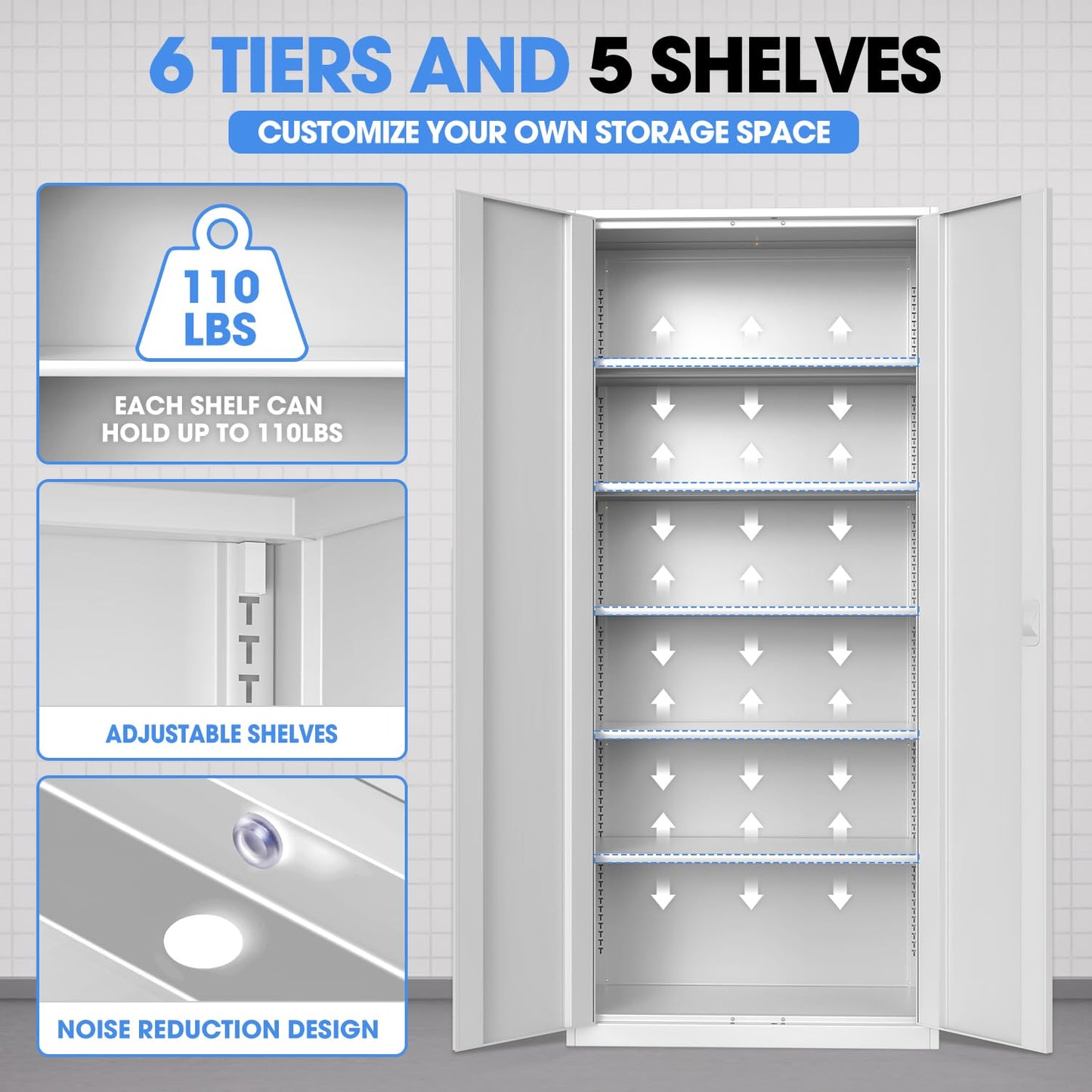 DNA Motoring 71'' Metal Storage Cabinet, Locking Tool Cabinet with 5 Adjustable Shelves, Heavy Duty Metal Locker for Garage,Office,Home,Gym,White, TOOLS-00632-WH-WH-A