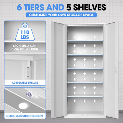 DNA Motoring 71'' Metal Storage Cabinet, Locking Tool Cabinet with 5 Adjustable Shelves, Heavy Duty Metal Locker for Garage,Office,Home,Gym,White, TOOLS-00632-WH-WH-A