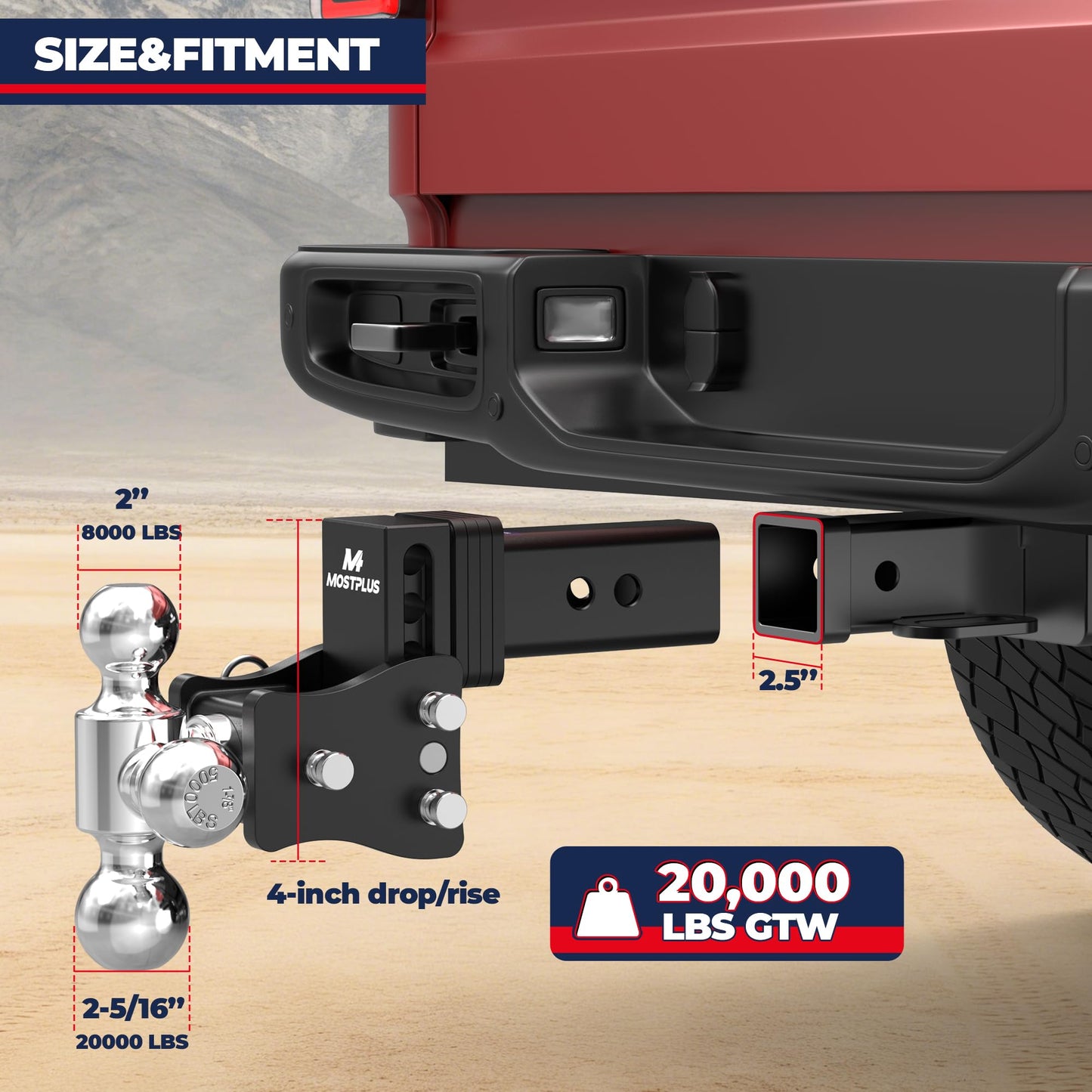 MOSTPLUS Trailer Hitch, 2.5 Inch Receiver, Tri-Ball Mount with 2" & 2-5/16" & 1-7/8" Balls, 5,000-20,000 LBS GTW, 4" Adjustable Height Heavy Duty Towing Hitch for Most Truck & SUV