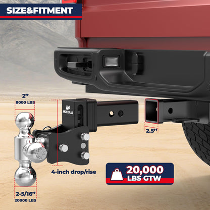 MOSTPLUS Trailer Hitch, 2.5 Inch Receiver, Tri-Ball Mount with 2" & 2-5/16" & 1-7/8" Balls, 5,000-20,000 LBS GTW, 4" Adjustable Height Heavy Duty Towing Hitch for Most Truck & SUV