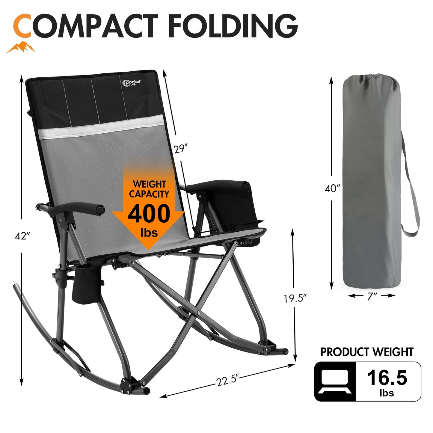 Portal Oversized Folding Rocking Camping Chair for Adults, Portable & Foldable Outdoor Lawn Rocker Chairs with High Back Hard Armrests Carry Bag for Outside, Camp, Patio, Supports 400lbs, Grey&Black