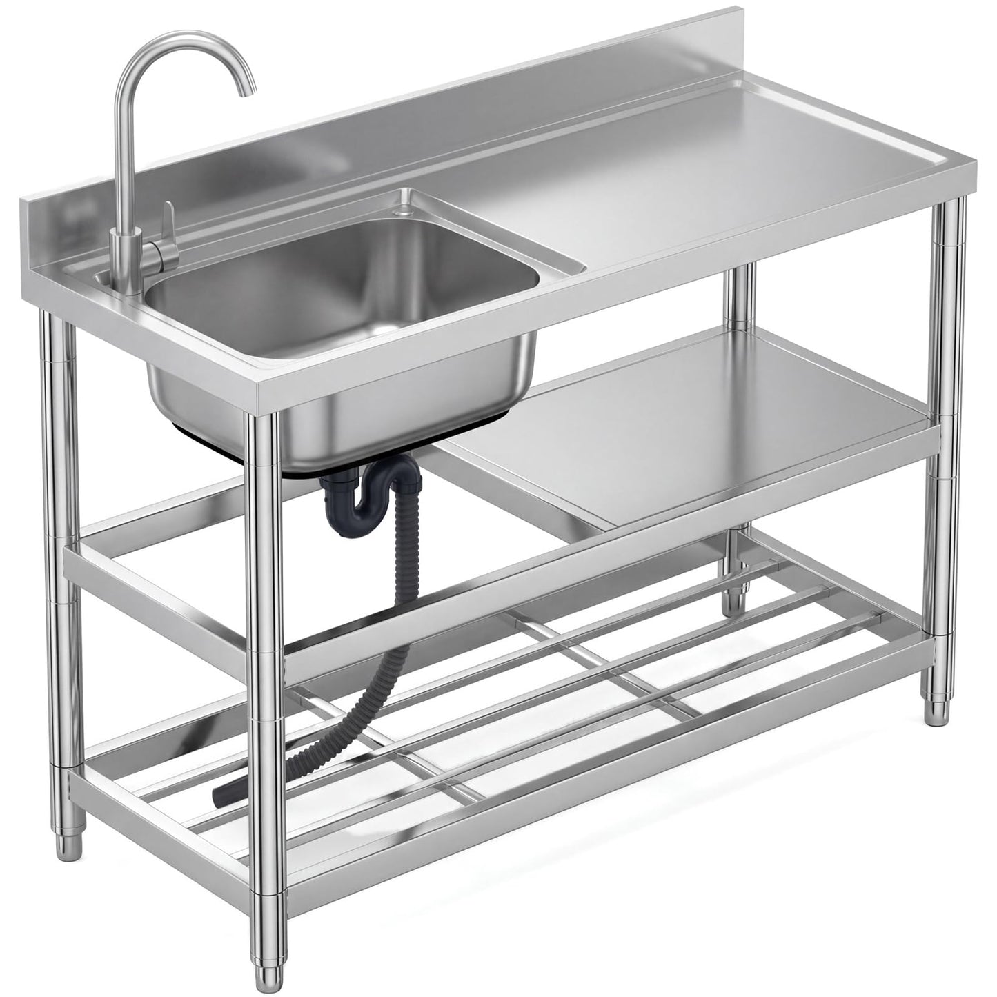Free Standing Stainless-Steel Single Bowl Commercial Restaurant Kitchen Sink Set w/Faucet & Drainboard, Prep & Utility Washing Hand Basin w/Workbench & Double Storage Shelves Indoor Outdoor (47in)