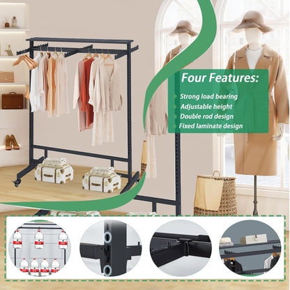 Clothing Rack with adjustable 8 Arms, Garment Rack Display Stand with Wheels and Shelf, Metal Clothes Hanger with Double Rod, Large Boutique Retail Stores Storage (Black, 59 * 19.6 * 61.02in)