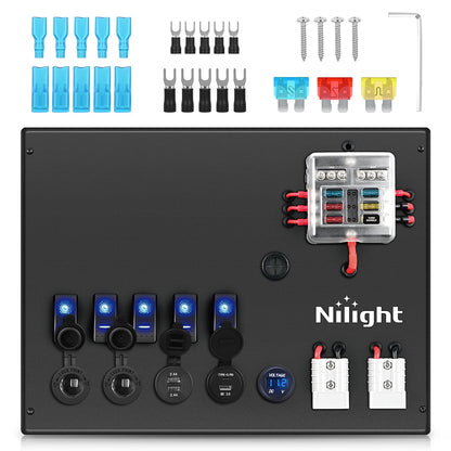 Nilight 12V/24V Camping Electrical System Centre Battery Power Control Box Fuse Block Switches Cigar Socket Voltmeter USB Charger Anderson Connector Ideal for RV Car Canopy Caravan Camper Trailer Van