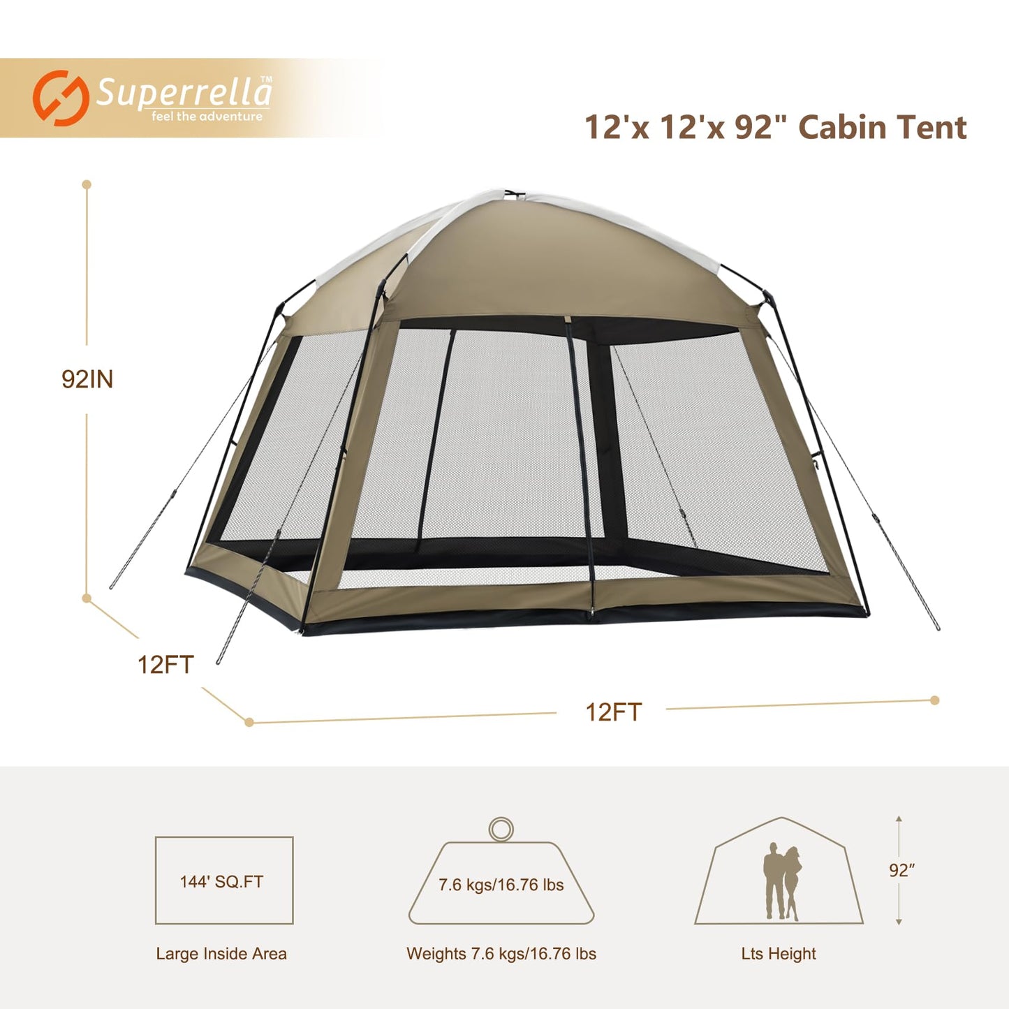 Superrella 12 x 12 FT Camping Screen Tent for 8-10 Person, Easy Setup Screen House with UV 50+ Sun Protection & Mosquito Net for Camping, Backyard, Picnic, Patio, Outdoor, Kakhi