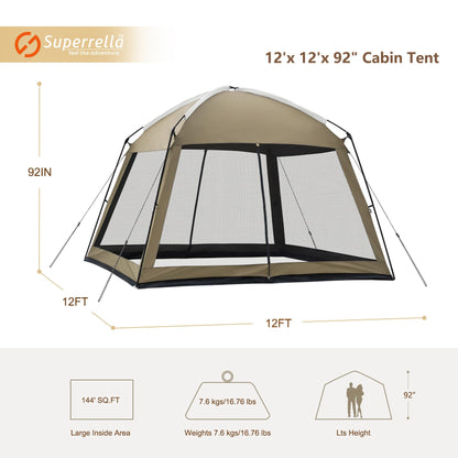 Superrella 12 x 12 FT Camping Screen Tent for 8-10 Person, Easy Setup Screen House with UV 50+ Sun Protection & Mosquito Net for Camping, Backyard, Picnic, Patio, Outdoor, Kakhi