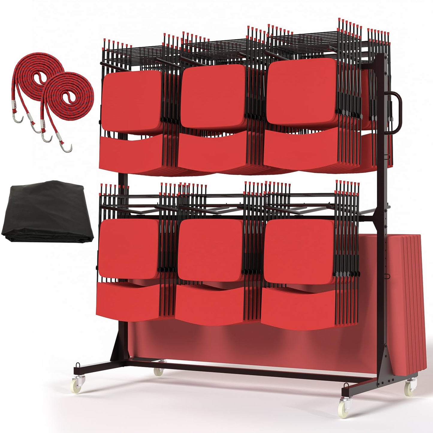Folding Chair Rack, Heavy-Duty Folding Chair Cart with Storage Rack, 800 LBS Capacity Dual-Layer Chair Storage Dolly Holds 84 Folding Chairs or 42 Chairs+12 Table with Waterproof Cover