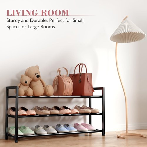 Bumusty Expandable Shoe Rack - 3-Tier Adjustable Organizer for Small Spaces | Sturdy Metal, Black (18"-33")