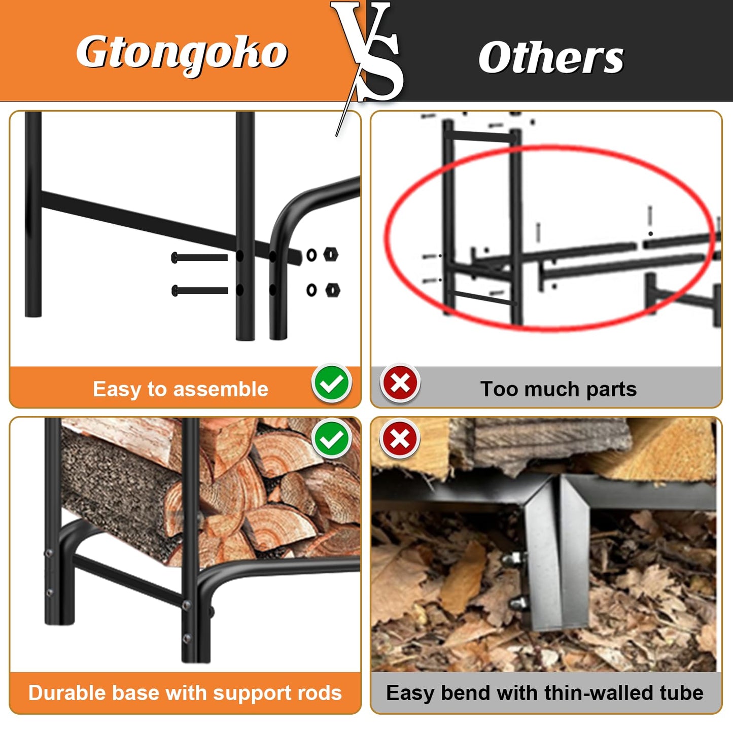 Gtongoko Fireplace Tools Set 4 Pcs 30 Inch Black Wrought Iron Bundle 8ft Firewood Rack Outdoor with Cover