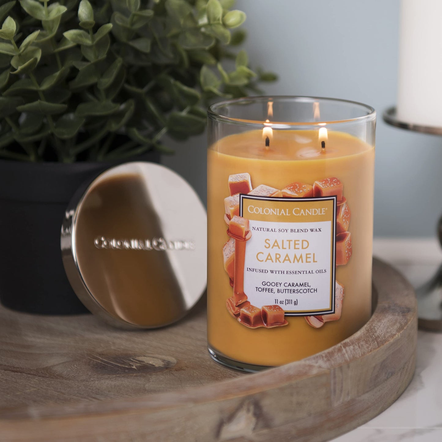 Colonial Candle Salted Caramel Scented Jar Candle, Classic Cylinders Collection, 2 Wick, Yellow, 11 oz - Up to 80 Hours Burn