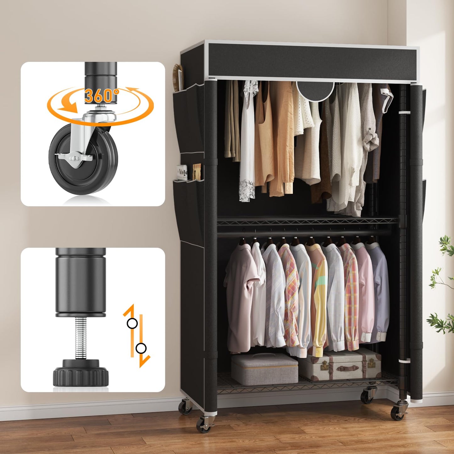 Homdox Garment Rack with Cover, Heavy Duty Clothing Rack for Hanging Clothes, Portable Closet Wardrobe, Double Rods Garment Rack with wheels, 35.1" W x 17.4" D x 80.6" H, Black