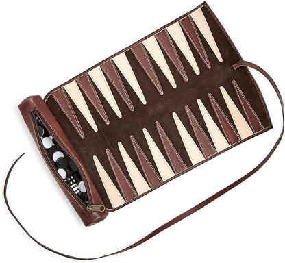 Two's Company Roll-Up Portable Genuine Leather Backgammon Game Set 12-Inch Chestnut