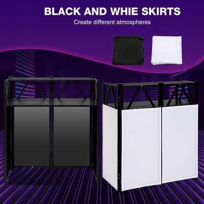 Portable DJ Booth Table,Foldable DJ Table Stand with White & Black Scrim,Adjustable DJ Facade Booth Station Metal Frame with Cable Hole for Private Events, Clubs, Bars (Double Deck)