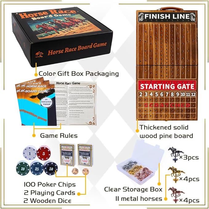 Horse Race Board Game Solid Wood Foldable Racing Board with 11 Metal Horses 2 Dice and 2 Boxes of Cards Portable Travel Game for Family Parties and Holiday Gatherings
