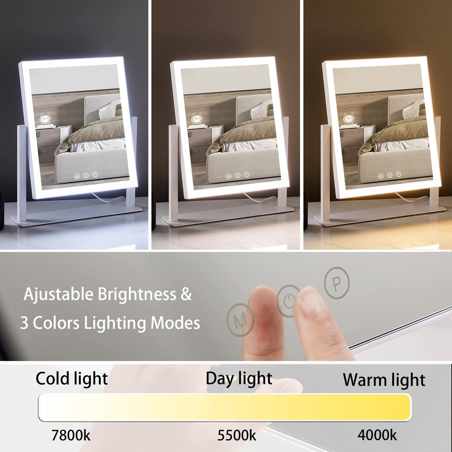 HIEEY Lighted Makeup Mirror, Hollywood Vanity Mirror with Lights, Three Color Lighting Modes, and 5X Magnification Mirror, Smart Touch Control, 360°Rotation (17.3in,White,Gift Box)