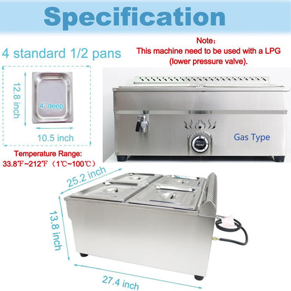 INTBUYING LP Gas Food Soup Warmer Propane Gas Stove Bain-Marie Commercial Canteen Buffet Steam Heater Stainless Steel with Gas Regulator Valve 12''x8.7''x4''Pan-4 Pans（Square）