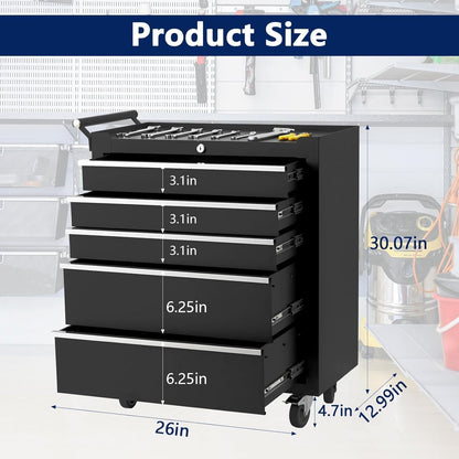 Garvee Rolling Tool Chest, 5 Drawers Tool Storage Cabinet, Toolbox with Wheels, Portable Tool Cabinet Organizer with Locking System & Drawer Liners, Tool Storage Cart for Garage, Workshop, Black