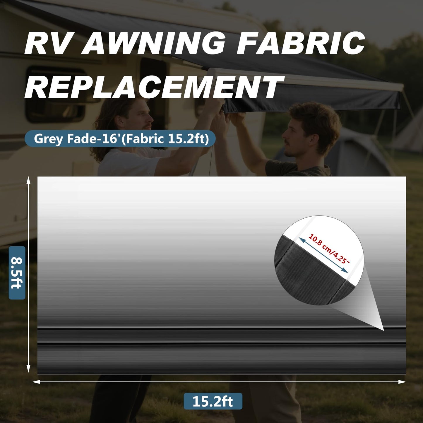 GEARMEISTER 16FT RV Awning Fabric Replacement, Heavy Duty 4-PLY Vinyl Fabric Camper Awning, Universal Outdoor Canopy for Camper, Trailer, Motorhome Awnings for All Awning Brands - Black Fade 15'2"