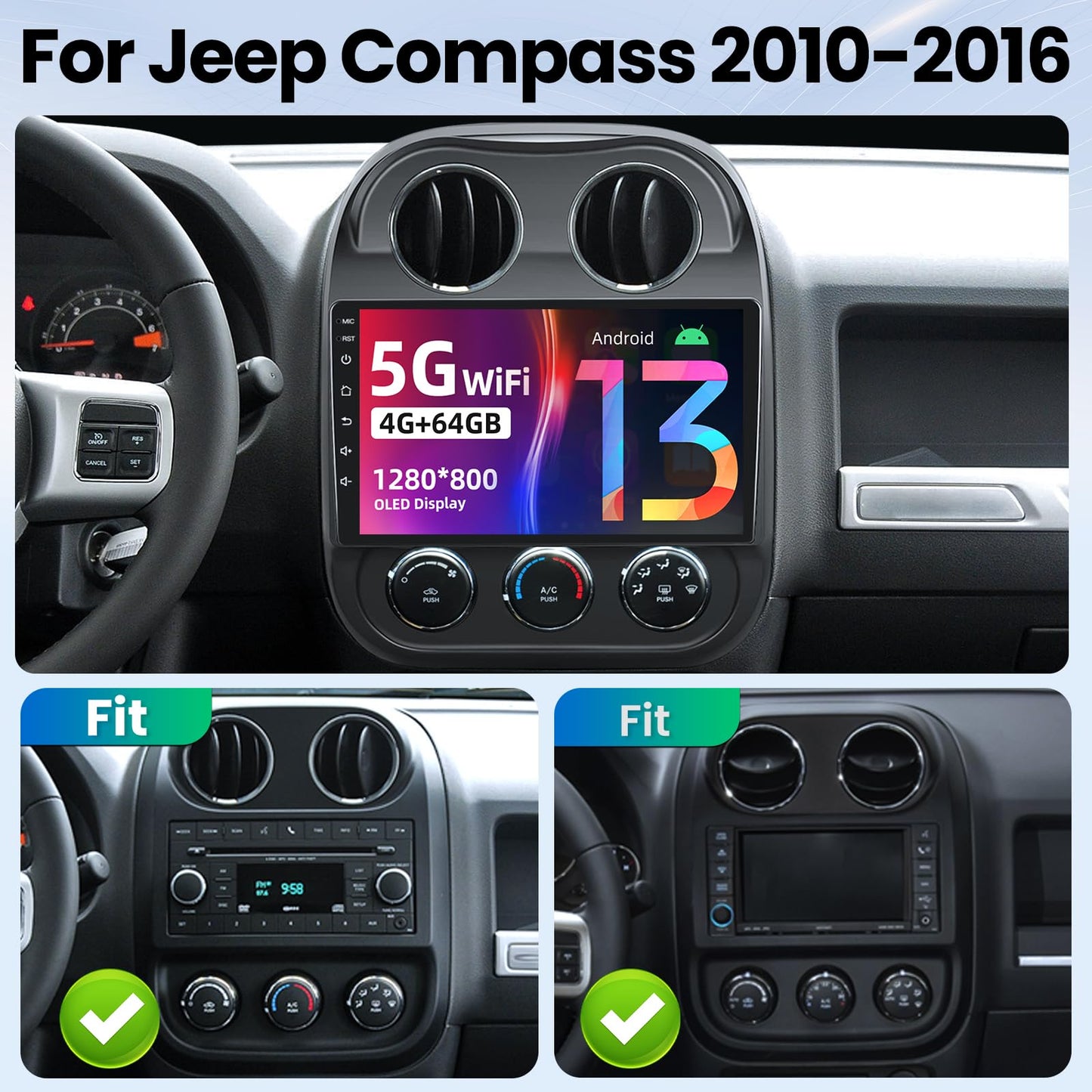 [4+64G] Car Radio Stereo for Jeep Patriot Compass 2010-2016: 10 inch 1280 * 800 IPS HD Touch Screen Replacement with Wireless CarPlay Android Auto 5GWiFi GPS Bluetooth Backup Camera SWC FM