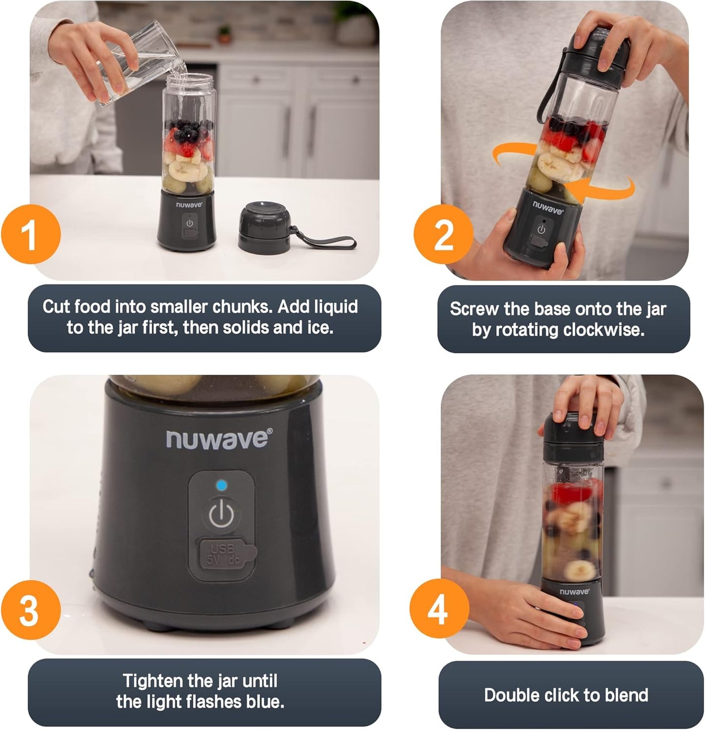Nuwave Portable Blender with USB-C Rechargeable, 6-Blade for Crushing Ice, BPA Free 18 Oz Jar, Smoothies Blender for Travel, Office and Sports, Obsidian Gray