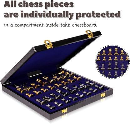 Metal Chess Set for Adults and – Marbling Chess Board with Chess Pieces – Travel Chess Sets with Extra Queens with zinc Alloy Metal Pieces – Ideal for Beginners and Professional Players