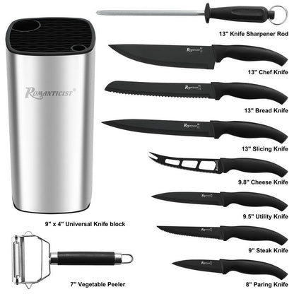 ROMANTICIST Kitchen Knife Sets, 10PCS High Carbon Stainless Steel Knife Sets with Block, Black Knife Block Set, Knives Set for Kitchen with Anti-slip Handle, Exquisite Knives Set New Home Essentials