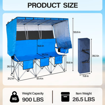 BESTHLS 3 Person Camping Chair with Canopy Shade Oversize Folding Beach Chair with 3 seat for Camp Outdoor Concert Sports（Blue