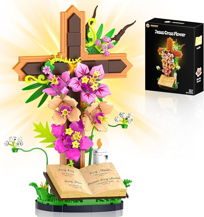 Jesus Cross Flowers Building Blocks Set Religious Crucifix Compatible with Jesus Building Toy for Decor Catholic Bible Building Toys Christmas Easter Gift for Christian Adults Boys Girls 363PCS