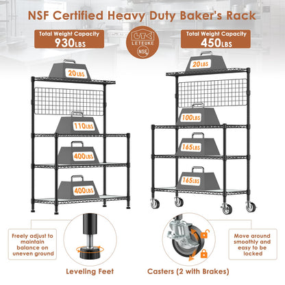Leteuke Bakers Rack with Storage & Wheels, 42 Inch Microwave Stand Kitchen Shelves, 4-Tier Heavy Duty Storage Rack with 20 S-Hooks, Commercial Metal Utility Kitchen Cart, 42× 18× 63 Inch, Black