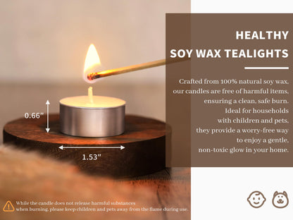 100 Pcs Soy Wax Tealight Candles,100% Natural- 6 Hours Long Burning Soy Tea Lights Candle, Paraffin-Free/Unscented Tea Candles for Party, Home, Wedding, Emergency