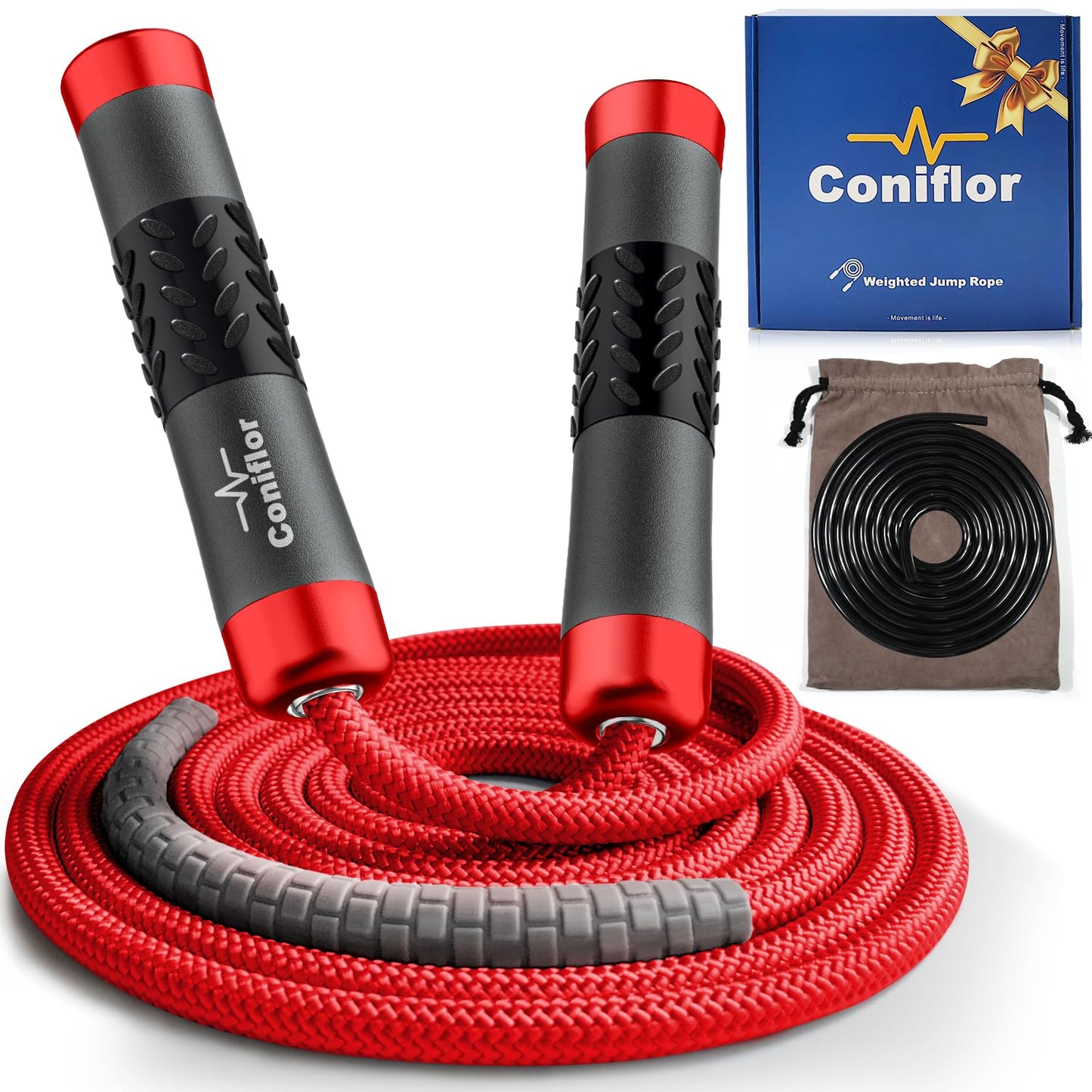Weighted Jump Rope, 1LB Tangle-Free Ball Bearing Rapid Speed Skipping Rope for Men Women, Adjustable 9mm Cotton & PVC Rope with Alum Handle for Boxing MMA Weight-Loss Athletic Workout Fitness